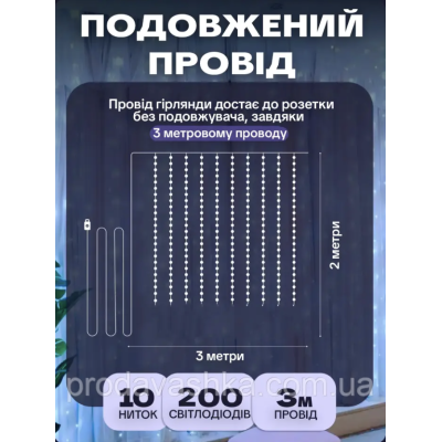 Новорічна світлодіодна гірлянда штора крапля роси 3х2м 200LED 8 режимів від USB та мережі з пультом для прикраси будинку Білий