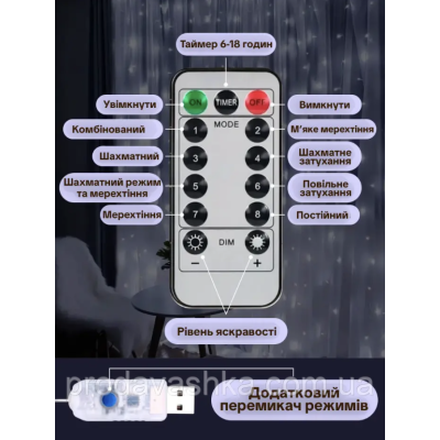 Новорічна світлодіодна гірлянда штора крапля роси 3х3м 300LED 8 режимів від USB та мережі з пультом для прикраси будинку Білий