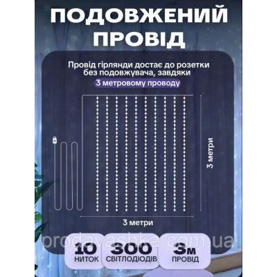 Новорічна світлодіодна гірлянда штора крапля роси 3х3м 300LED 8 режимів від USB та мережі з пультом для прикраси будинку Білий