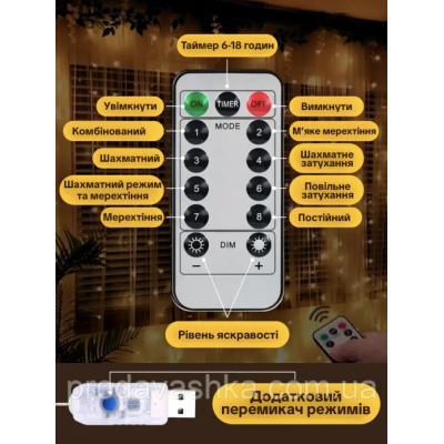 Новорічна світлодіодна гірлянда штора крапля роси 3х3м 300LED 8 режимів від USB та мережі з пультом для прикраси будинку Золото Новорічна світлодіодна гірлянда штора крапля роси 3х3м 300LED 8 режимів від USB та мережі з пультом для прикраси будинку Золото