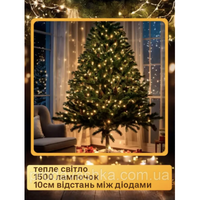 Новорічна світлодіодна гірлянда Крапля роси 150м 1500led від ЮСБ з пультом нитка провод зелений для прикрашання ялинки Золото