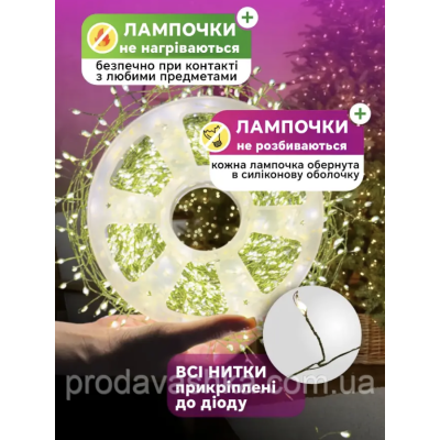 Новорічна світлодіодна гірлянда мішура Крапля роси 20м 600led від мережі з пультом Хвойна лапа нитка зелена для ялинки Золото