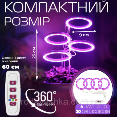 Фітолампа 4 фітосвітильника повного спектру для підсвічування та вирощування рослин круглі світлодіодна на підставці професійна Фітолампа 4 фітосвітильника повного спектру для підсвічування та вирощування рослин круглі світлодіодна на підставці професійна