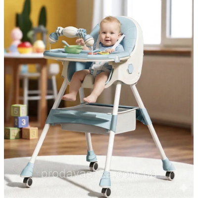 Дитячий стільчик трансформер 2в1 зі столиком для годування дітей з регульованою спиною та висотою на коліщатках Блакитний