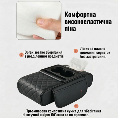 Автомобільний підлокітник із двома підстаканниками універсальний органайзер для авто серветок подушка-підставка з кишенею Чорний