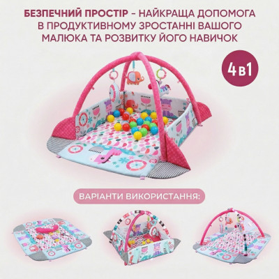 Дитячий розвиваючий ігровий килимок-манеж з м'якими бортиками дугою підвісними іграшками брязкальцем подушкою для малюка Рожевий Дитячий розвиваючий ігровий килимок-манеж з м'якими бортиками дугою підвісними іграшками брязкальцем подушкою для малюка Рожевий