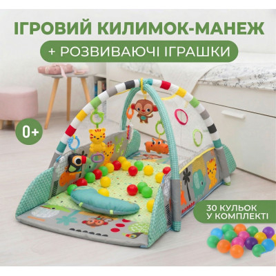 Дитячий розвиваючий ігровий килимок-манеж з м'якими бортиками дугою підвісними іграшками брязкальцем подушкою для малюка Зелений