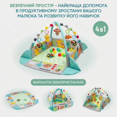 Дитячий розвиваючий ігровий килимок-манеж з м'якими бортиками дугою підвісними іграшками брязкальцем подушкою для малюка Зелений Дитячий розвиваючий ігровий килимок-манеж з м'якими бортиками дугою підвісними іграшками брязкальцем подушкою для малюка Зелений
