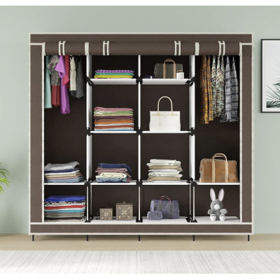 Тканинна шафа для одягу на 4 секції на 12 полиць Коричневий тканинний органайзер Тканинна шафа для одягу на 4 секції на 12 полиць Коричневий тканинний органайзер