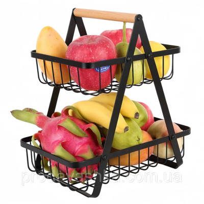 Металевий розбірний кошик для зберігання фруктів та овочів двоярусна портативна фруктівниця на кухню залізна з дерев'яною ручкою