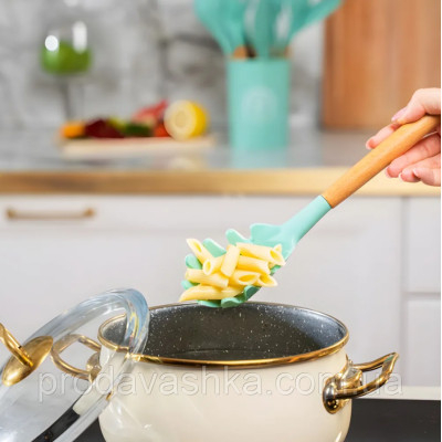 Комплект 12 предметів кухонного силіконового приладдя набір приладів з дерев'яною ручкою на підставці лопатки начиння для кухні Блакитний