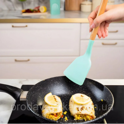 Комплект 12 предметів кухонного силіконового приладдя набір приладів з дерев'яною ручкою на підставці лопатки начиння для кухні Блакитний
