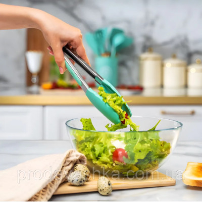 Комплект 12 предметів кухонного силіконового приладдя набір приладів з дерев'яною ручкою на підставці лопатки начиння для кухні Блакитний