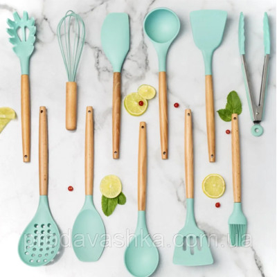 Комплект 12 предметів кухонного силіконового приладдя набір приладів з дерев'яною ручкою на підставці лопатки начиння для кухні Блакитний