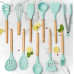 Комплект 12 предметів кухонного силіконового приладдя набір приладів з дерев'яною ручкою на підставці лопатки начиння для кухні Блакитний