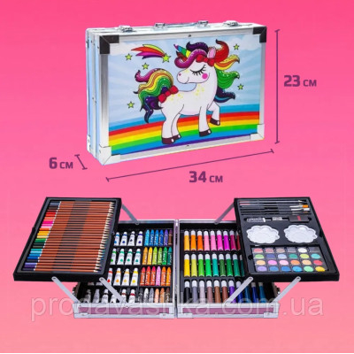 Дитячий художній подарунковий набір для малювання 145 предметів Єдиноріг у валізці Блакитний фломастери маркери олівці фарби крейди для творчості