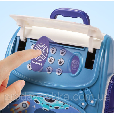 Дитяча електронна скарбничка сейф-рюкзак Космонавт з кодовим замком, вібдитком пальця, купюроприймач для паперових грошей монет Синій