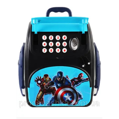 Дитяча електронна скарбничка сейф-рюкзак Месники з кодовим замком вібдитком пальця купюроприймач для паперових грошей монет Синя Дитяча електронна скарбничка сейф-рюкзак Месники з кодовим замком вібдитком пальця купюроприймач для паперових грошей монет Синя