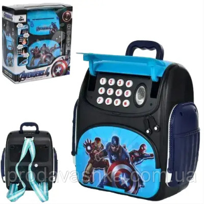 Дитяча електронна скарбничка сейф-рюкзак Месники з кодовим замком вібдитком пальця купюроприймач для паперових грошей монет Синя Дитяча електронна скарбничка сейф-рюкзак Месники з кодовим замком вібдитком пальця купюроприймач для паперових грошей монет Синя