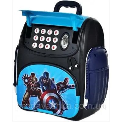 Дитяча електронна скарбничка сейф-рюкзак Месники з кодовим замком вібдитком пальця купюроприймач для паперових грошей монет Синя Дитяча електронна скарбничка сейф-рюкзак Месники з кодовим замком вібдитком пальця купюроприймач для паперових грошей монет Синя