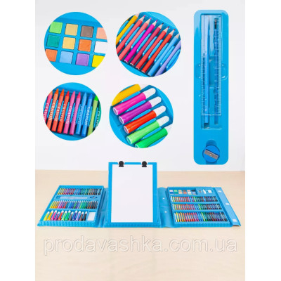 Дитячий художній подарунковий набір для малювання 208 предметів Блакитний з мольбертом фломастери маркери олівці фарби крейди для творчості у кейсі 