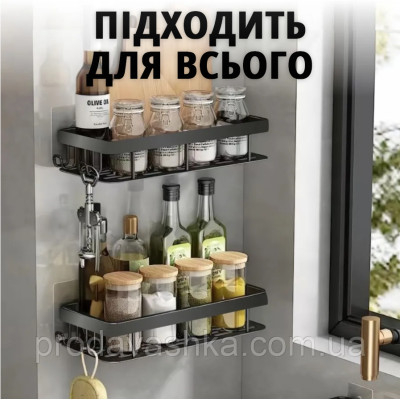 Металеві полиці комплект 2шт у ванну кімнату настінні підвісні органайзери для кухні на присосках з гачками