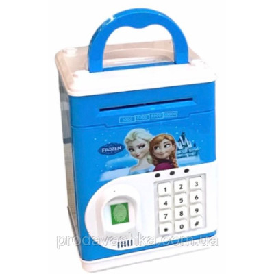 Дитяча електронна скарбничка іграшковий сейф Ганна та Ельза Синя з відбитком, кодовим замком та купюроприймачем для паперових грошей та монет зі звуковими ефектами
