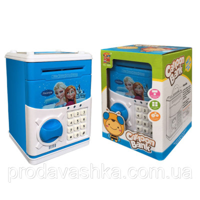 Дитяча електронна скарбничка іграшковий сейф Ганна та Ельза Синя з відбитком, кодовим замком та купюроприймачем для паперових грошей та монет зі звуковими ефектами