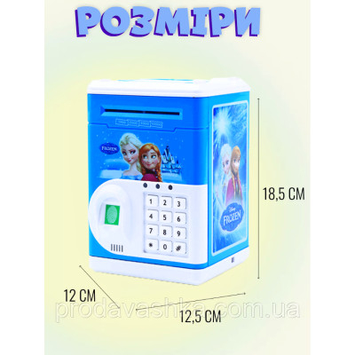 Дитяча електронна скарбничка іграшковий сейф Ганна та Ельза Синя з відбитком, кодовим замком та купюроприймачем для паперових грошей та монет зі звуковими ефектами