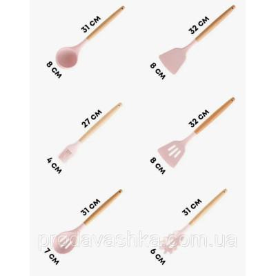 Комплект 12 предметів кухонного силіконового приладдя набір приладів з дерев'яною ручкою на підставці лопатки начиння для кухні Рожевий