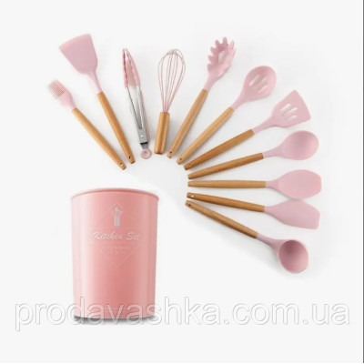 Комплект 12 предметів кухонного силіконового приладдя набір приладів з дерев'яною ручкою на підставці лопатки начиння для кухні Рожевий