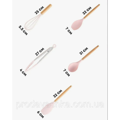 Комплект 12 предметів кухонного силіконового приладдя набір приладів з дерев'яною ручкою на підставці лопатки начиння для кухні Рожевий