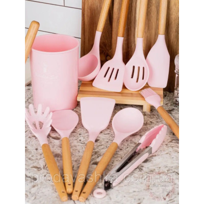 Комплект 12 предметів кухонного силіконового приладдя набір приладів з дерев'яною ручкою на підставці лопатки начиння для кухні Рожевий