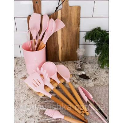 Комплект 12 предметів кухонного силіконового приладдя набір приладів з дерев'яною ручкою на підставці лопатки начиння для кухні Рожевий
