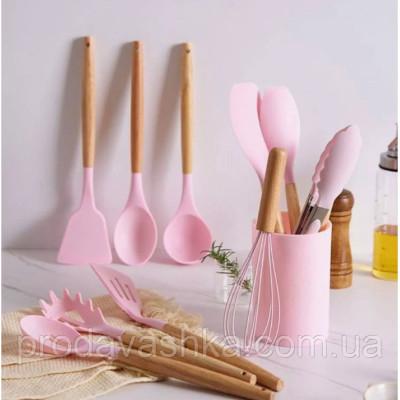 Комплект 12 предметів кухонного силіконового приладдя набір приладів з дерев'яною ручкою на підставці лопатки начиння для кухні Рожевий