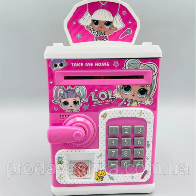 Дитяча електронна скарбничка іграшковий сейф LOL з відбитком пальця, ручка, кодовим замком та купюроприймачем для паперових грошей та монет зі звуковими ефектами