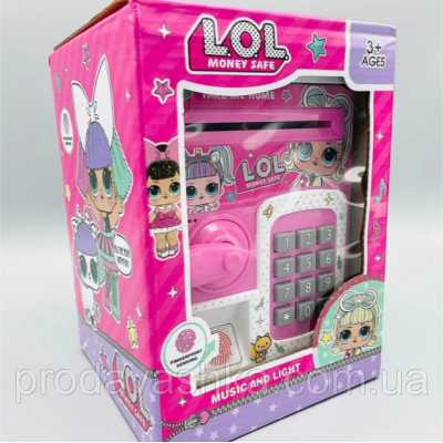 Дитяча електронна скарбничка іграшковий сейф LOL з відбитком пальця, ручка, кодовим замком та купюроприймачем для паперових грошей та монет зі звуковими ефектами