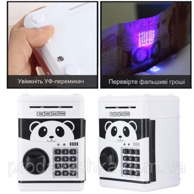 Дитяча електронна скарбничка сейф-банкомат Панда з кодовим замком та купюроприймачем для паперових грошей та монет зі звуковими ефектами