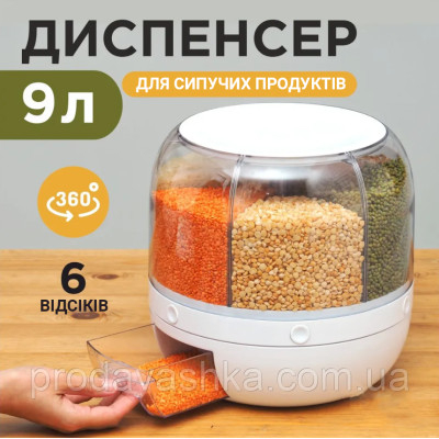 Круглий диспенсер для сипучих продуктів 9 л секцій дозатор круп органайзер з кнопкою ємність обертання 360 для кухні