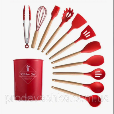 Комплект 12 предметів кухонного силіконового приладдя набір приладів з дерев'яною ручкою на підставці лопатки начиння для кухні Червоний