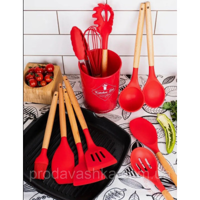 Комплект 12 предметів кухонного силіконового приладдя набір приладів з дерев'яною ручкою на підставці лопатки начиння для кухні Червоний
