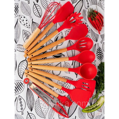 Комплект 12 предметів кухонного силіконового приладдя набір приладів з дерев'яною ручкою на підставці лопатки начиння для кухні Червоний