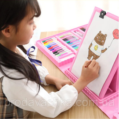 Дитячий художній подарунковий набір для творчості 208 предметів Рожевий з мольбертом у кейсі фломастери маркери олівці фарби крейди для малювання