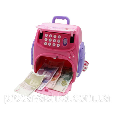 Дитяча електронна скарбничка сейф-рюкзак Hello Kitty з кодовим замком, вібдитком пальця, купюроприймач для паперових грошей монет Рожевий