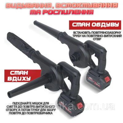 Бездротова садова повітродувка 2 АКБ 48V акумуляторний пилосос для прибирання листя у саду з мішком пилозбірником електрична портативна