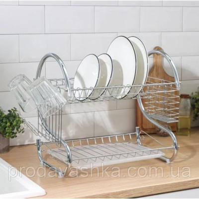 Настільна металева сушарка для зберігання посуду 2 рівня кухонна сушка з нержавіючої сталі двоярусна з піддоном