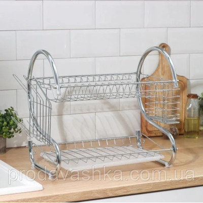 Настільна металева сушарка для зберігання посуду 2 рівня кухонна сушка з нержавіючої сталі двоярусна з піддоном
