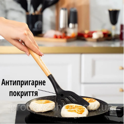 Комплект 12 предметів кухонного силіконового приладдя набір приладів з дерев'яною ручкою на підставці лопатки начиння для кухні Чорний