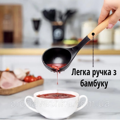 Комплект 12 предметів кухонного силіконового приладдя набір приладів з дерев'яною ручкою на підставці лопатки начиння для кухні Чорний