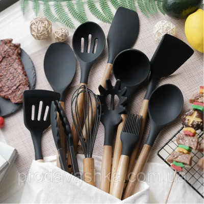 Комплект 12 предметів кухонного силіконового приладдя набір приладів з дерев'яною ручкою на підставці лопатки начиння для кухні Чорний